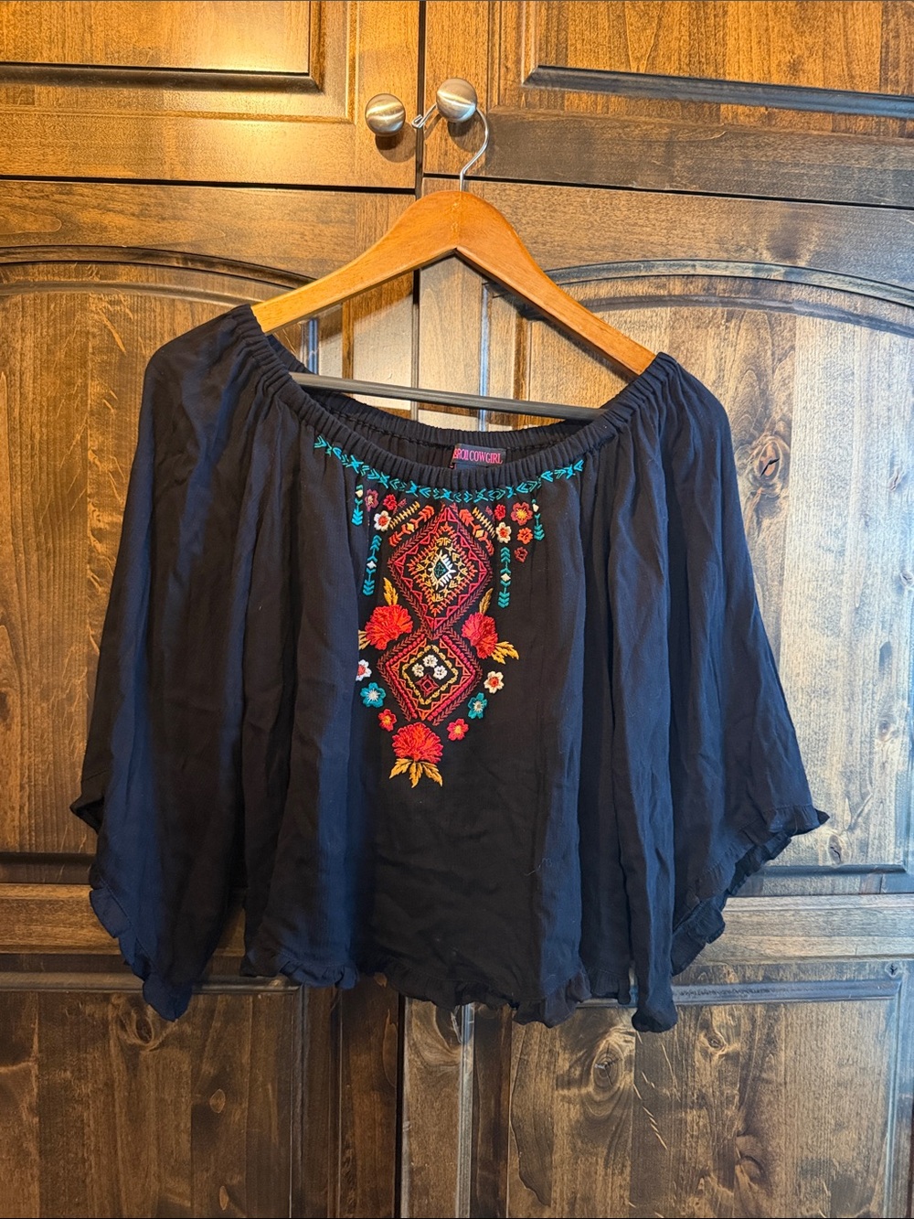 Rock & Roll Cowgirl Black Off-Shoulder Embroidered Peasant Top
